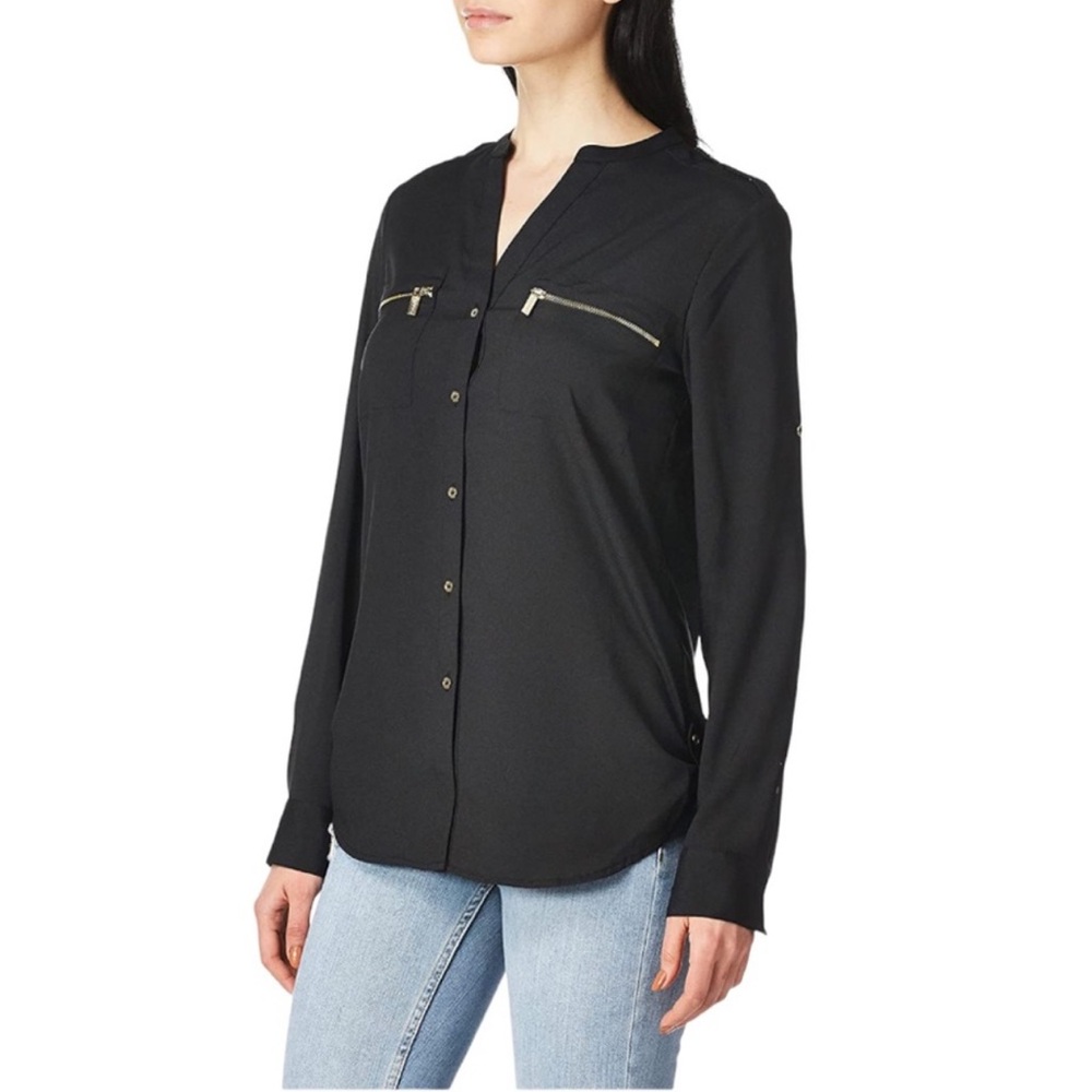 🔴 4/$15 CK Calvin Klein Women’s M Black Woven LS Button Down Gold Detail Top EUC
